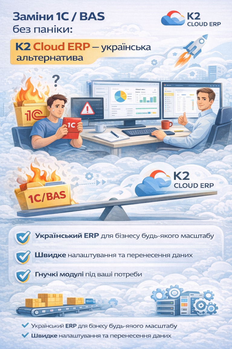 Заміни 1С/BAS без паніки: K2 ERP проти 1С/BAS — що отримує бізнес: Заміни 1С/BAS без паніки
