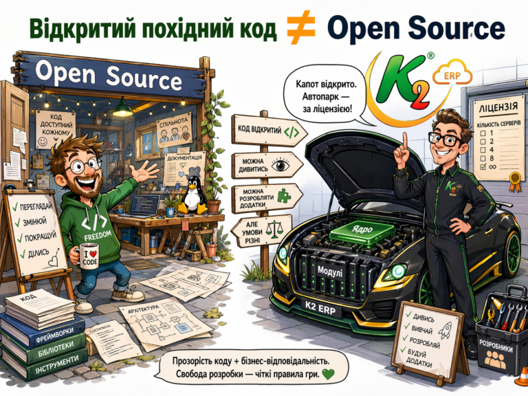 Відкритий похідний код, Open Source і K2 ERP: K2 ERP проти 1С/BAS — що отримує бізнес: Відкритий похідний код, Open Source і K2