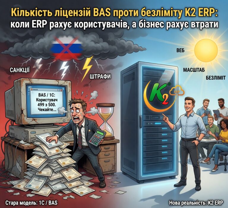 Кількість ліцензій BAS проти безліміту K2 ERP: коли ERP рахує користувачів, а компанія рахує втрати