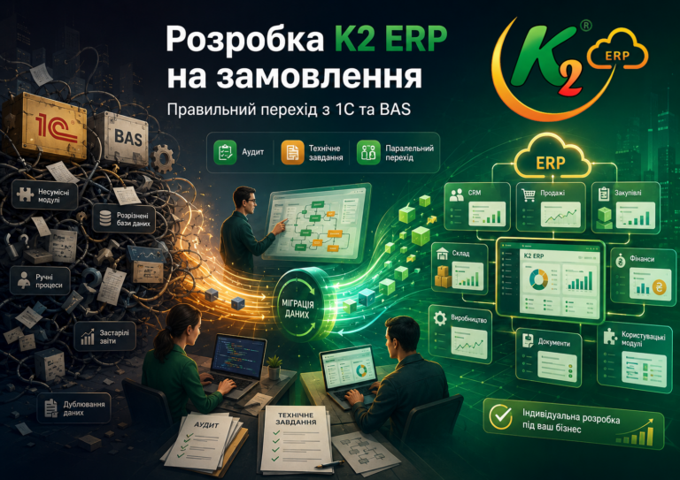 Розробка K2 ERP на замовлення: K2 ERP проти 1С/BAS — що отримує бізнес: Розробка K2 ERP на замовлення
