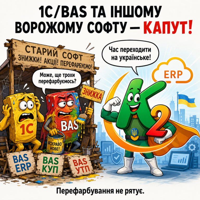 1С/BAS та іншому ворожому софту: K2 ERP проти 1С/BAS — що отримує бізнес: 1С/BAS та іншому ворожому софту — капут.